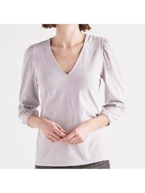 Lucky Brand 100% Cotton V-Neck Puff Sleeve Top